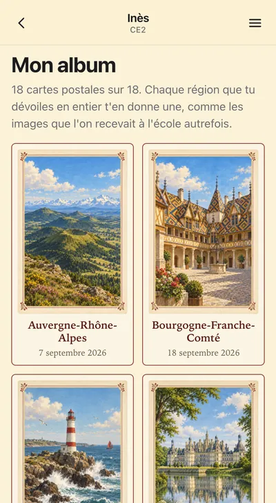 Mon album : les cartes postales illustrées de chaque région, chacune avec sa date, comme des images de récompense d’autrefois.