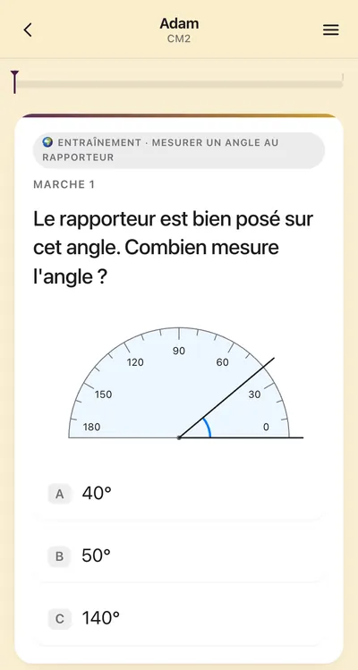 Pour aller plus loin, en CM2 : mesurer un angle au rapporteur, avec le rapporteur dessiné sur l’angle et trois réponses possibles.