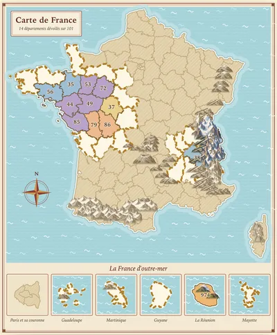 La carte de France d’une élève fictive de CE2 : quatorze départements dévoilés en couleur, les autres dans le brouillard, les montagnes des Alpes en couleur et enneigées, l’outre-mer en bas.