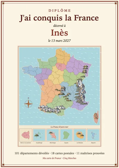 Le grand diplôme « J’ai conquis la France », décerné à une élève fictive, avec sa carte de France entière.