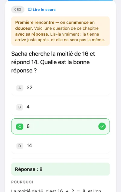 Écran « Première rencontre — on commence en douceur » : une question voisine sur la moitié, déjà résolue, avec sa réponse.