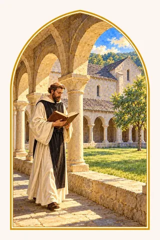 Un moine cistercien en habit blanc et scapulaire noir lit en marchant sous les arcades nues d’un cloître, autour d’un jardin d’herbe