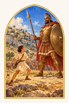Le jeune David, sa fronde à la main, face au géant Goliath