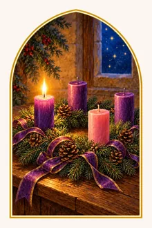 Une couronne de sapin à quatre bougies, trois violettes et une rose ; une seule est allumée