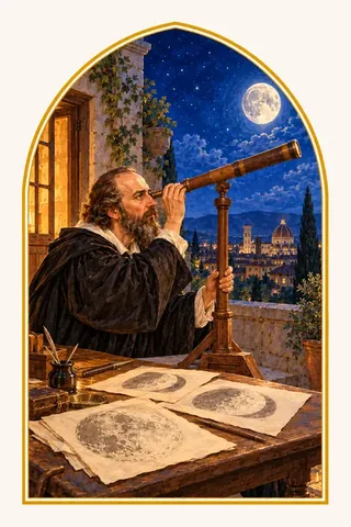 La nuit, sur une terrasse, Galilée regarde la Lune dans sa lunette ; sur la table, ses dessins de la Lune et de ses cratères
