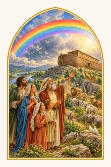 L’arche posée sur la montagne ; Noé et sa famille regardent l’arc-en-ciel