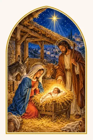 Marie et Joseph près de Jésus nouveau-né couché dans la mangeoire, avec l’âne et le bœuf, sous l’étoile