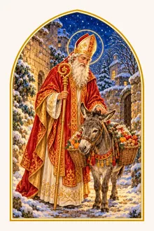 Saint Nicolas, évêque à barbe blanche, avec sa mitre et sa crosse, dans la neige avec un âne chargé de friandises et de clémentines