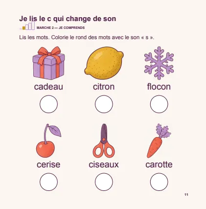 Première page de la séance « Je lis le c qui change de son » du cahier de la Toussaint de CE1.