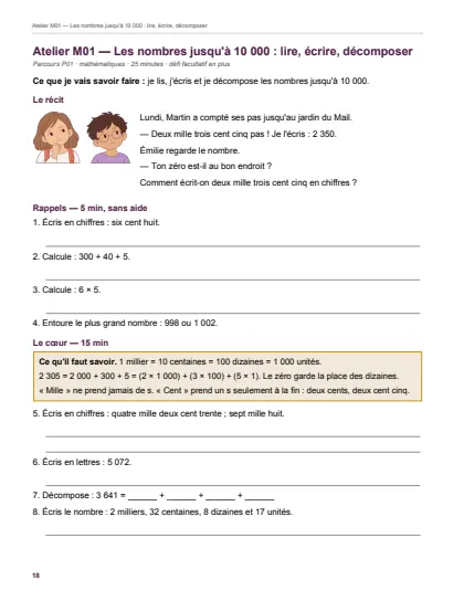 Première page de la séance « Les nombres jusqu’à 10 000 : lire, écrire, décomposer » du cahier de la Toussaint de CE2.