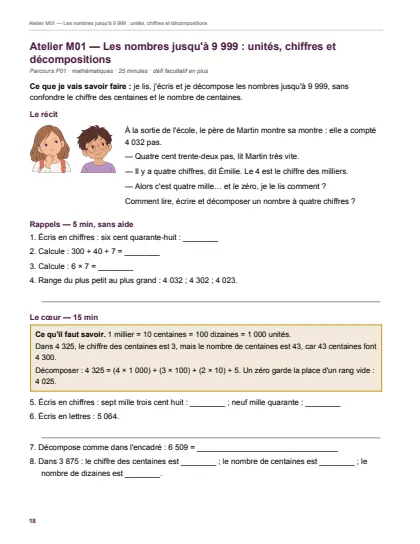 Première page de la séance « Les nombres jusqu’à 9 999 : unités, chiffres et décompositions » du cahier de la Toussaint de CM1.