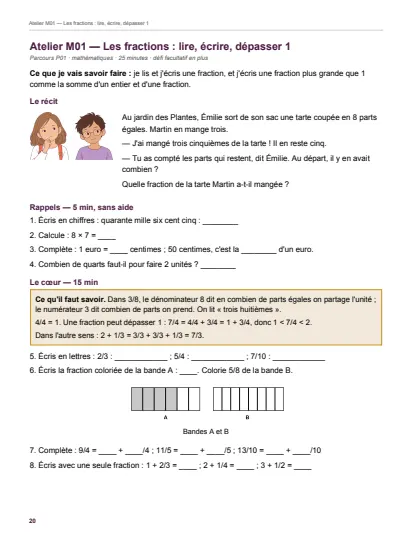 Première page de la séance « Les fractions : lire, écrire, dépasser 1 » du cahier de la Toussaint de CM2.